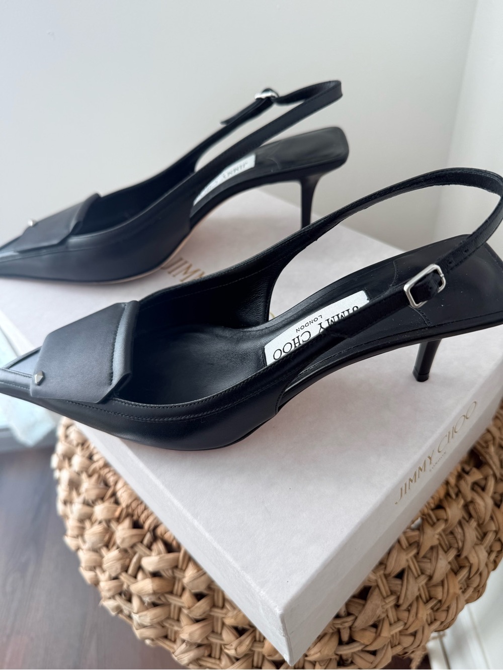 Jimmy Choo Black Leather Slingback Pointed Heels